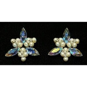 Bogoff Clip On Earrings AB Glass Rhinestone & Faux Pearl Vintage Costume Jewelry